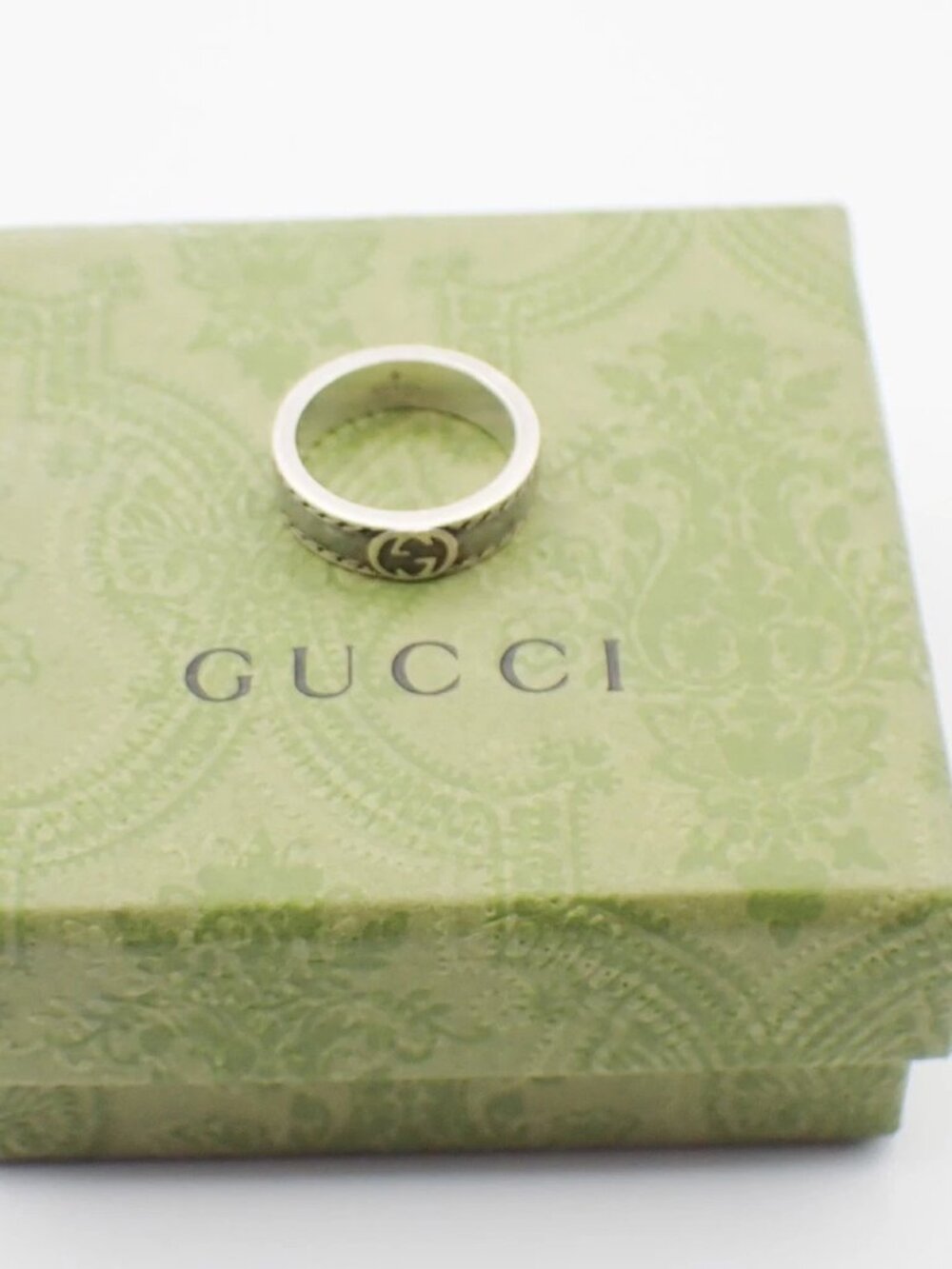 GUCCI Interlocking G Ring Size JP 17 US 8.5 Ag 925 Green Silver Italy 63KP565